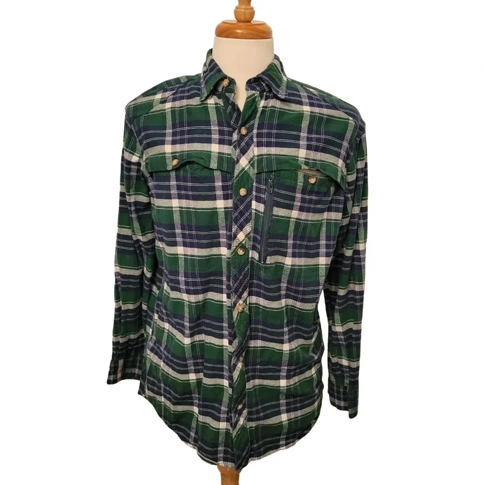 Green Plaid Flannel Shirt‎ M Backpacker Outdoor Trail Shirt Rugged Forestcore
